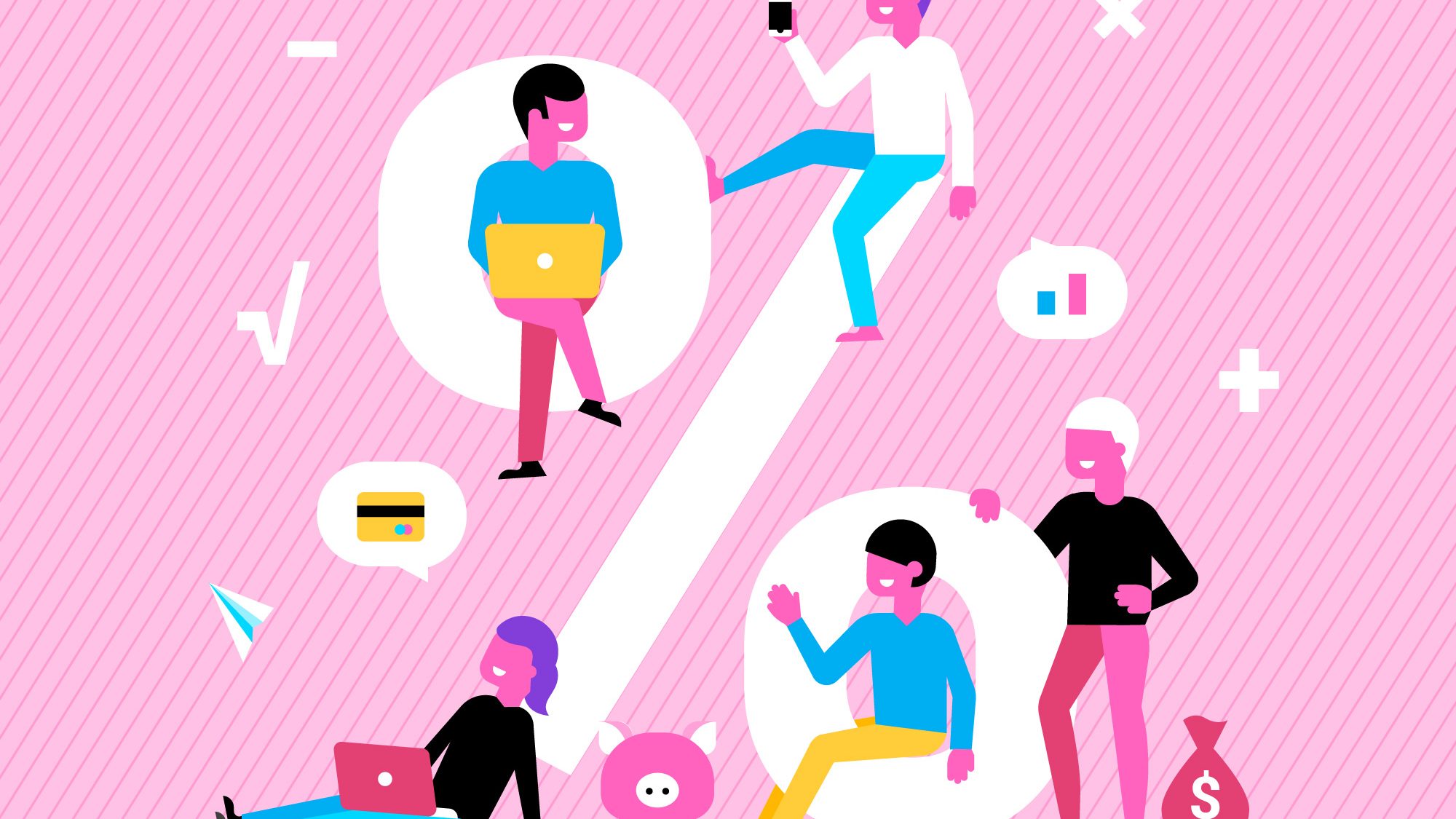 Pink Background with 5 animated humans on it and stickers of mobile hone, laptop, credit card, bar graph, dollar sign bag in it.